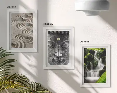 Tavelvägg med 3 tavlor med motiv av natur, stenar, vattenfall och Buddha
