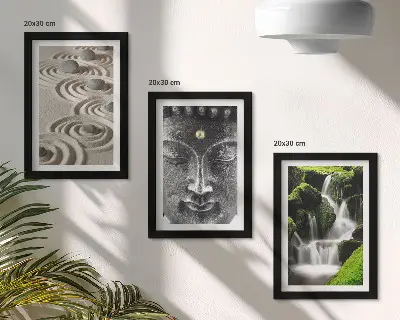 Tavelvägg med 3 tavlor med motiv av natur, stenar, vattenfall och Buddha