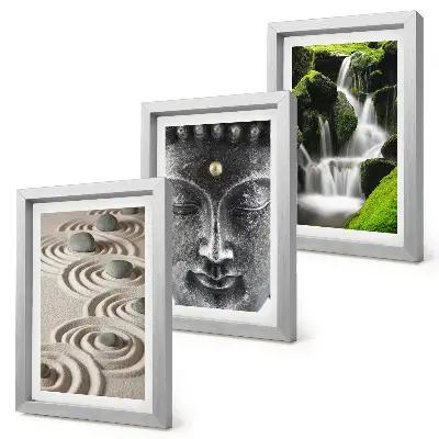 Tavelvägg med 3 tavlor med motiv av natur, stenar, vattenfall och Buddha