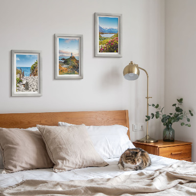 Posterpaket Utsikt över fyrstranden, bergen och blommorna