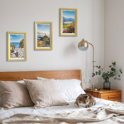 Posterpaket Utsikt över fyrstranden, bergen och blommorna