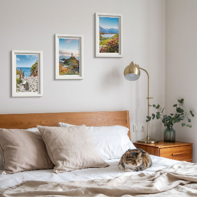 Posterpaket Utsikt över fyrstranden, bergen och blommorna