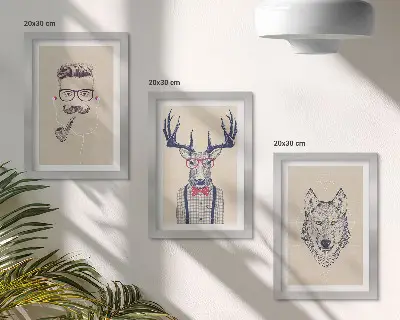 Tavelvägg med 3 tavlor med snygga motiv av porträtt på djur och människor