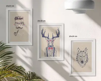 Tavelvägg med 3 tavlor med snygga motiv av porträtt på djur och människor