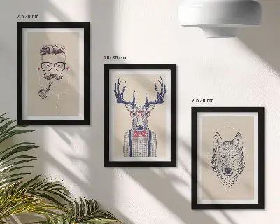 Tavelvägg med 3 tavlor med snygga motiv av porträtt på djur och människor