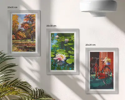 Posterpaket med motiv av höstfärger, näckrosdamm och cykel på terrassen