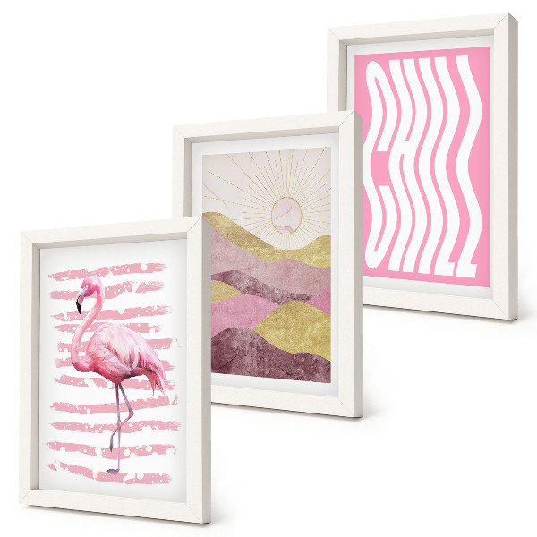Triptyk tavla med ram Rosa flamingos pastellfärgade bergslandskap Chill bokstäver