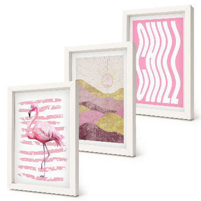 Triptyk tavla med ram Rosa flamingos pastellfärgade bergslandskap Chill bokstäver