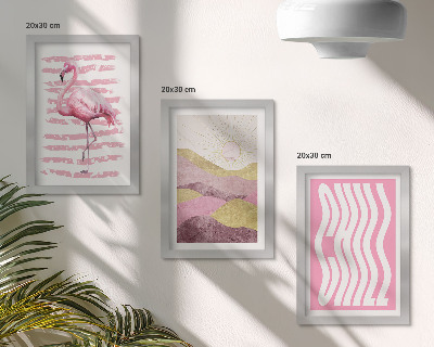 Triptyk tavla med ram Rosa flamingos pastellfärgade bergslandskap Chill bokstäver