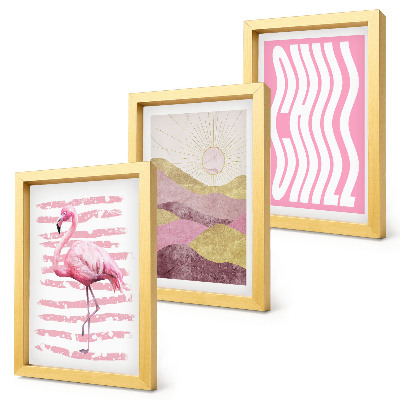 Triptyk tavla med ram Rosa flamingos pastellfärgade bergslandskap Chill bokstäver