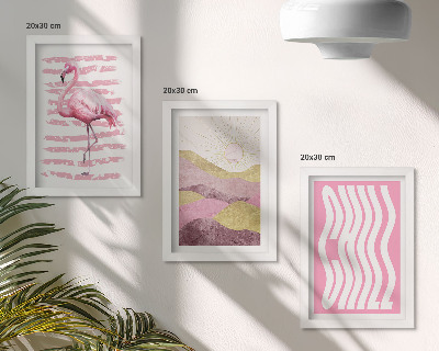 Triptyk tavla med ram Rosa flamingos pastellfärgade bergslandskap Chill bokstäver