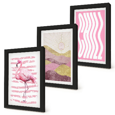 Triptyk tavla med ram Rosa flamingos pastellfärgade bergslandskap Chill bokstäver