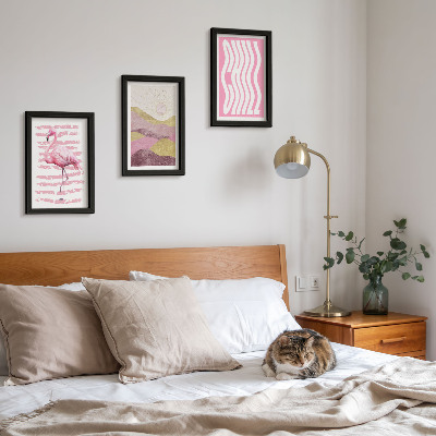 Triptyk tavla med ram Rosa flamingos pastellfärgade bergslandskap Chill bokstäver