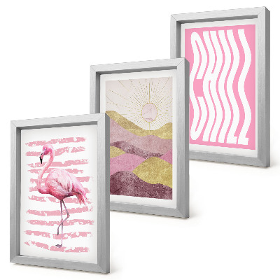 Triptyk tavla med ram Rosa flamingos pastellfärgade bergslandskap Chill bokstäver