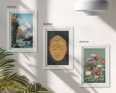 Tavelvägg med 3 tavlor med motiv av japansk natur och kultur i japandi-stil