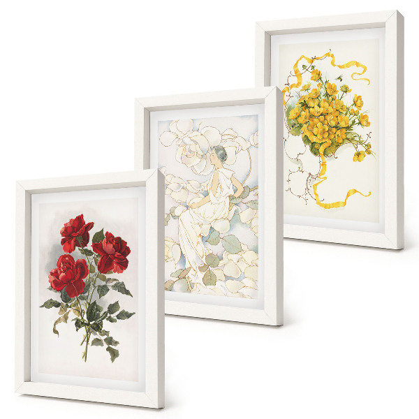 Posterpaket Röda rosor, vit figur, gula blommor i en vas