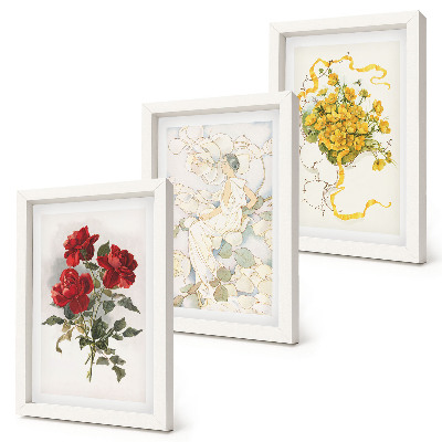 Posterpaket Röda rosor, vit figur, gula blommor i en vas