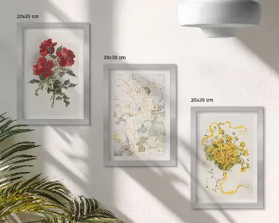 Posterpaket röda rosor, vit figur och gula blommor i en vas