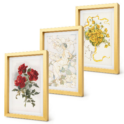 Posterpaket Röda rosor, vit figur, gula blommor i en vas