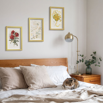 Posterpaket Röda rosor, vit figur, gula blommor i en vas