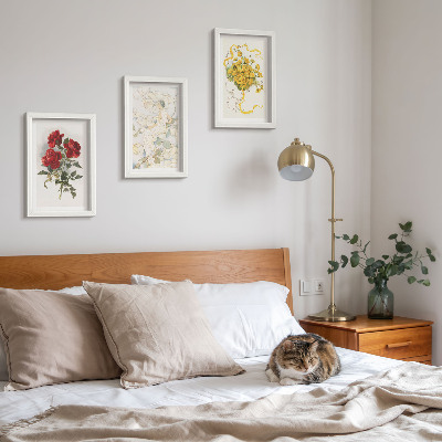 Posterpaket Röda rosor, vit figur, gula blommor i en vas