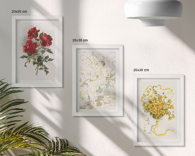 Posterpaket Röda rosor, vit figur, gula blommor i en vas