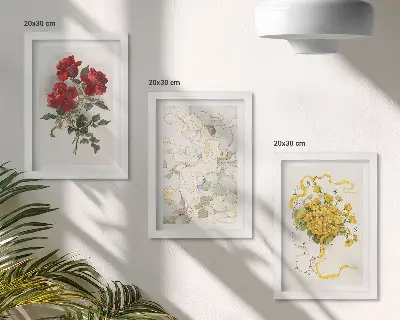 Posterpaket röda rosor, vit figur och gula blommor i en vas