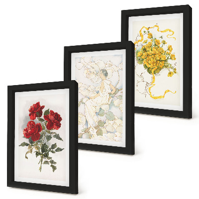Posterpaket Röda rosor, vit figur, gula blommor i en vas