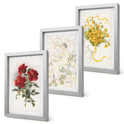 Posterpaket Röda rosor, vit figur, gula blommor i en vas