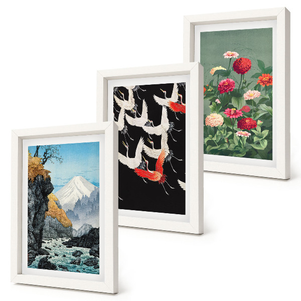 Posterpaket Berg med vattenfall, fåglar i flykt och färgglada blommor