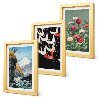 Posterpaket Berg med vattenfall, fåglar i flykt och färgglada blommor