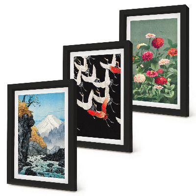 Posterpaket Berg med vattenfall, fåglar i flykt och färgglada blommor