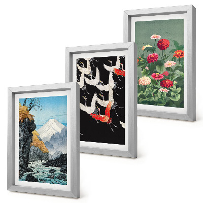 Posterpaket Berg med vattenfall, fåglar i flykt och färgglada blommor
