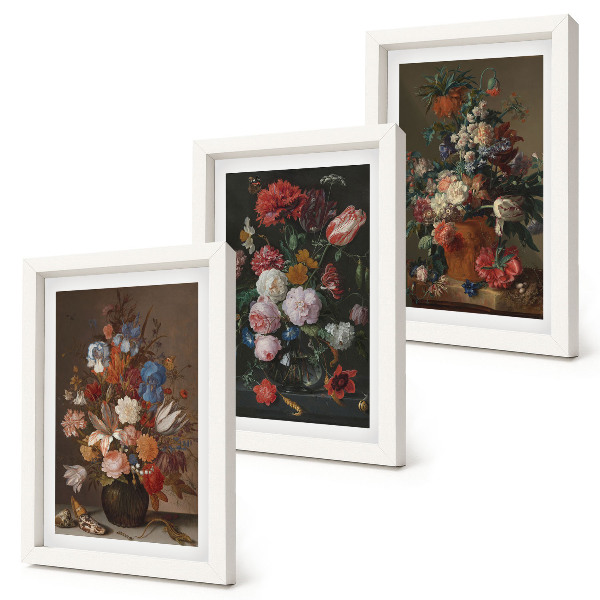 Triptyk tavla med ram Blommor i vaser, olika vintage växtkompositioner