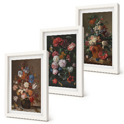 Triptyk tavla med ram Blommor i vaser, olika vintage växtkompositioner