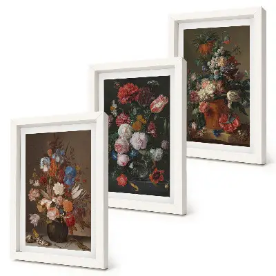 Blommor i vaser triptyk tavla med ram föreställande vintage växtkompositioner