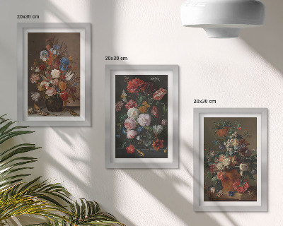 Triptyk tavla med ram Blommor i vaser, olika vintage växtkompositioner