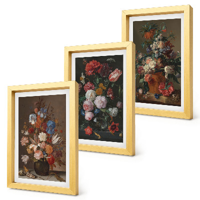 Triptyk tavla med ram Blommor i vaser, olika vintage växtkompositioner
