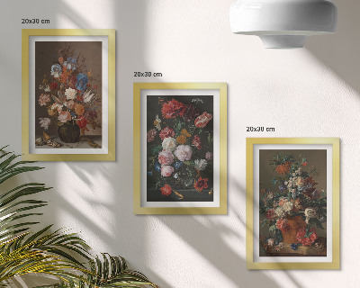 Triptyk tavla med ram Blommor i vaser, olika vintage växtkompositioner