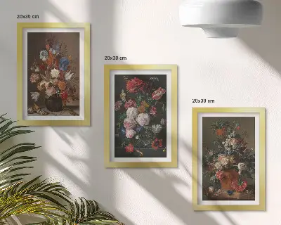 Blommor i vaser triptyk tavla med ram föreställande vintage växtkompositioner