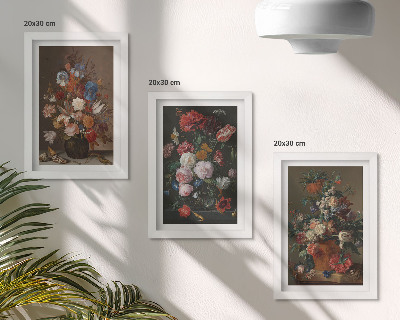 Triptyk tavla med ram Blommor i vaser, olika vintage växtkompositioner