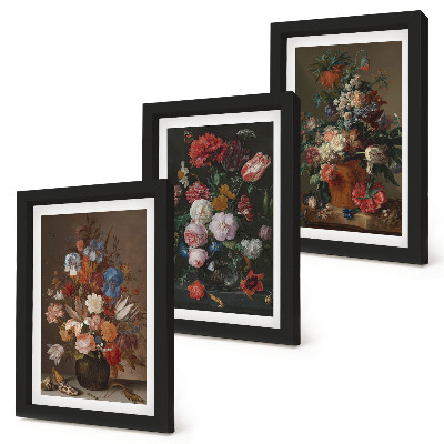 Triptyk tavla med ram Blommor i vaser, olika vintage växtkompositioner