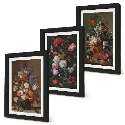 Blommor i vaser triptyk tavla med ram föreställande vintage växtkompositioner
