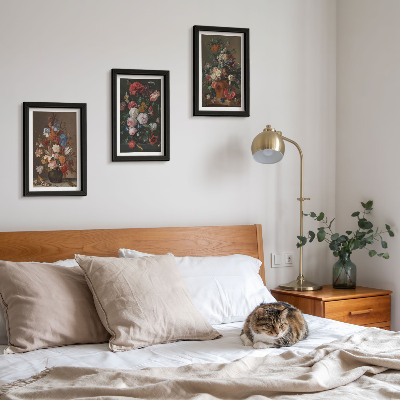 Triptyk tavla med ram Blommor i vaser, olika vintage växtkompositioner