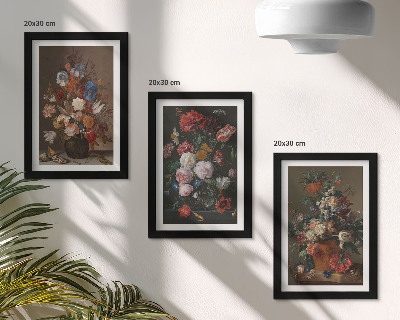 Triptyk tavla med ram Blommor i vaser, olika vintage växtkompositioner
