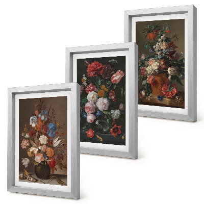 Triptyk tavla med ram Blommor i vaser, olika vintage växtkompositioner