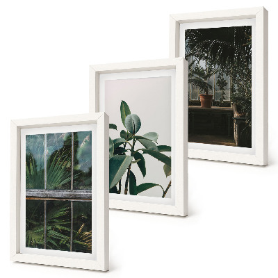 Triptyk tavla med ram Gröna blad på fönstret och växter inuti