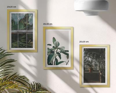 Triptyk tavla med ram Gröna blad på fönstret och växter inuti