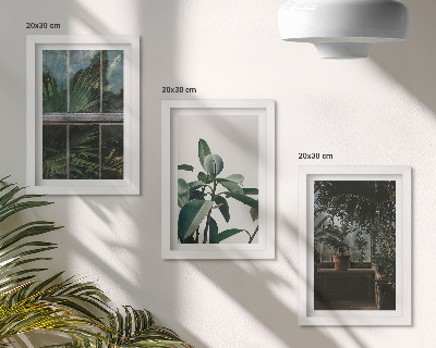 Triptyk tavla med ram Gröna blad på fönstret och växter inuti