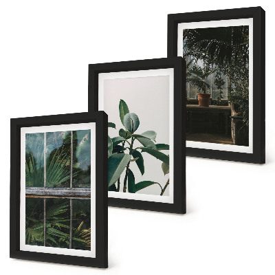 Triptyk tavla med ram Gröna blad på fönstret och växter inuti